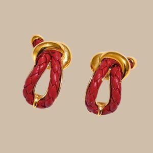 New Ss Gold Plated Red Leather Sailor Knot Earrings